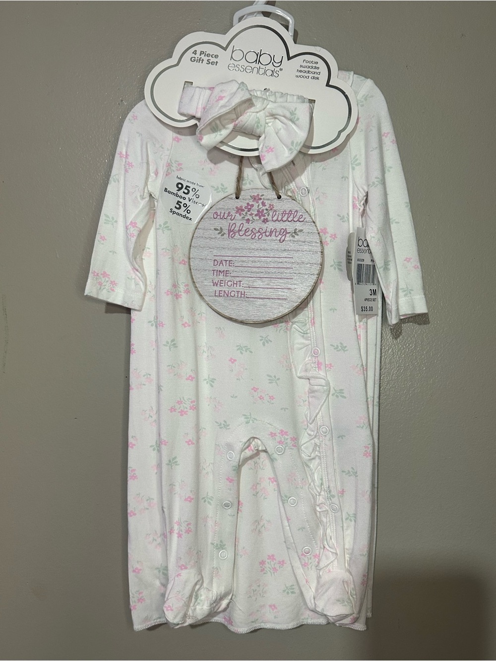 Baby Essentials White and Pink Floral 4-Piece Pajama Gift Set with Bow Headband